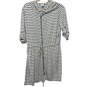 Saint Tropez West Striped Large Hooded Full Zip Beach Cover Up Dress Gray/White